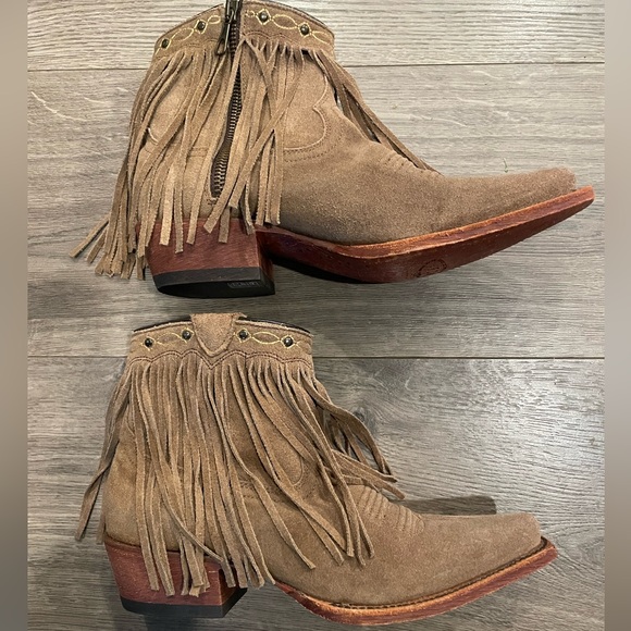 New J.B. Dillon Fringe Western Ankle Booties Suede Tan Cowboy Boots Size 5 - Picture 2 of 9